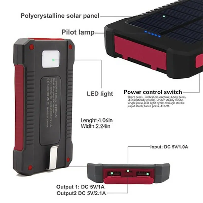 10,000mAH Water Resistant / Shockproof Solar Dual-USB Charger and LED Light Stealth Angel Survival