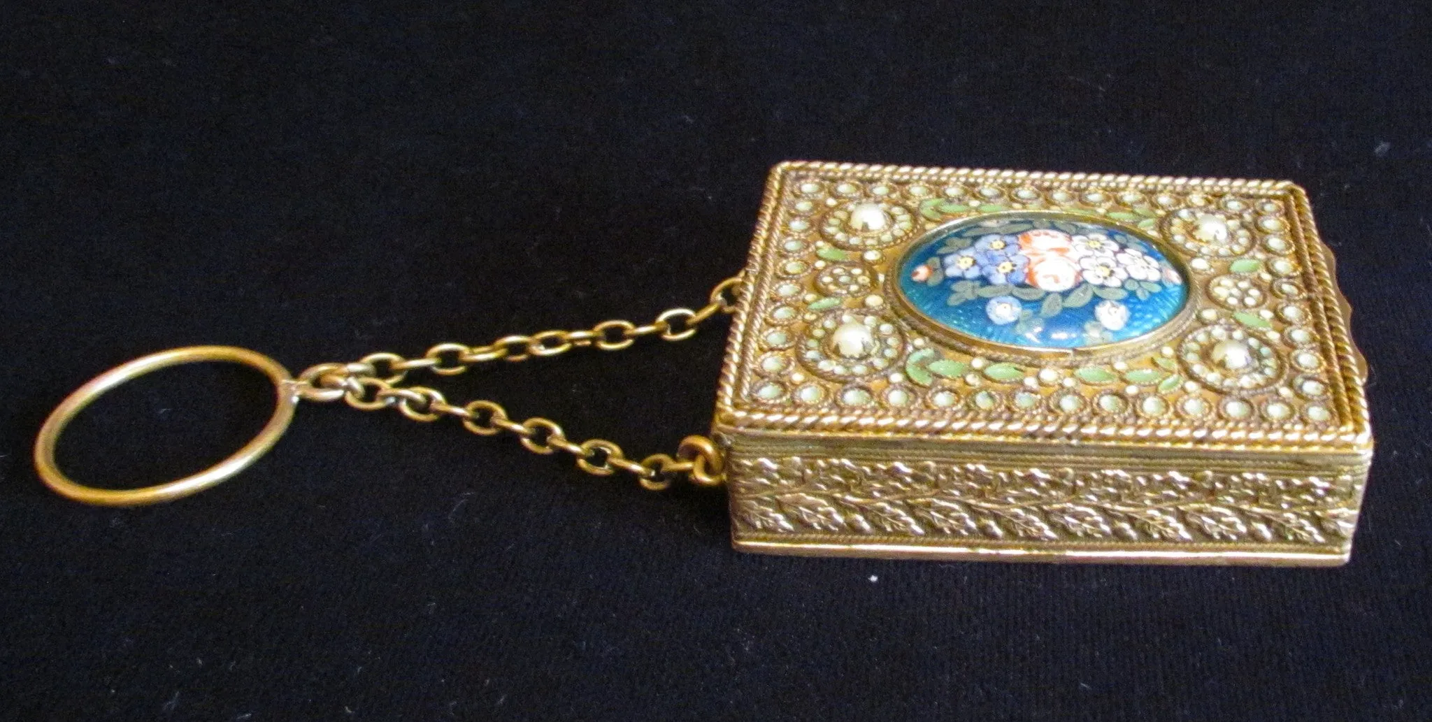 1800s French Gold Ormolu Compact Purse Enamel Guilloche And Pearl Finger Ring Excellent Condition