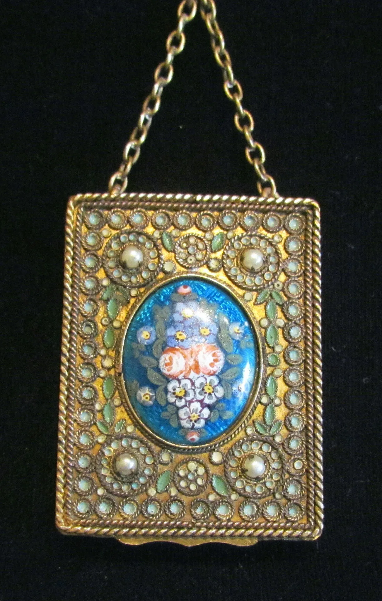 1800s French Gold Ormolu Compact Purse Enamel Guilloche And Pearl Finger Ring Excellent Condition