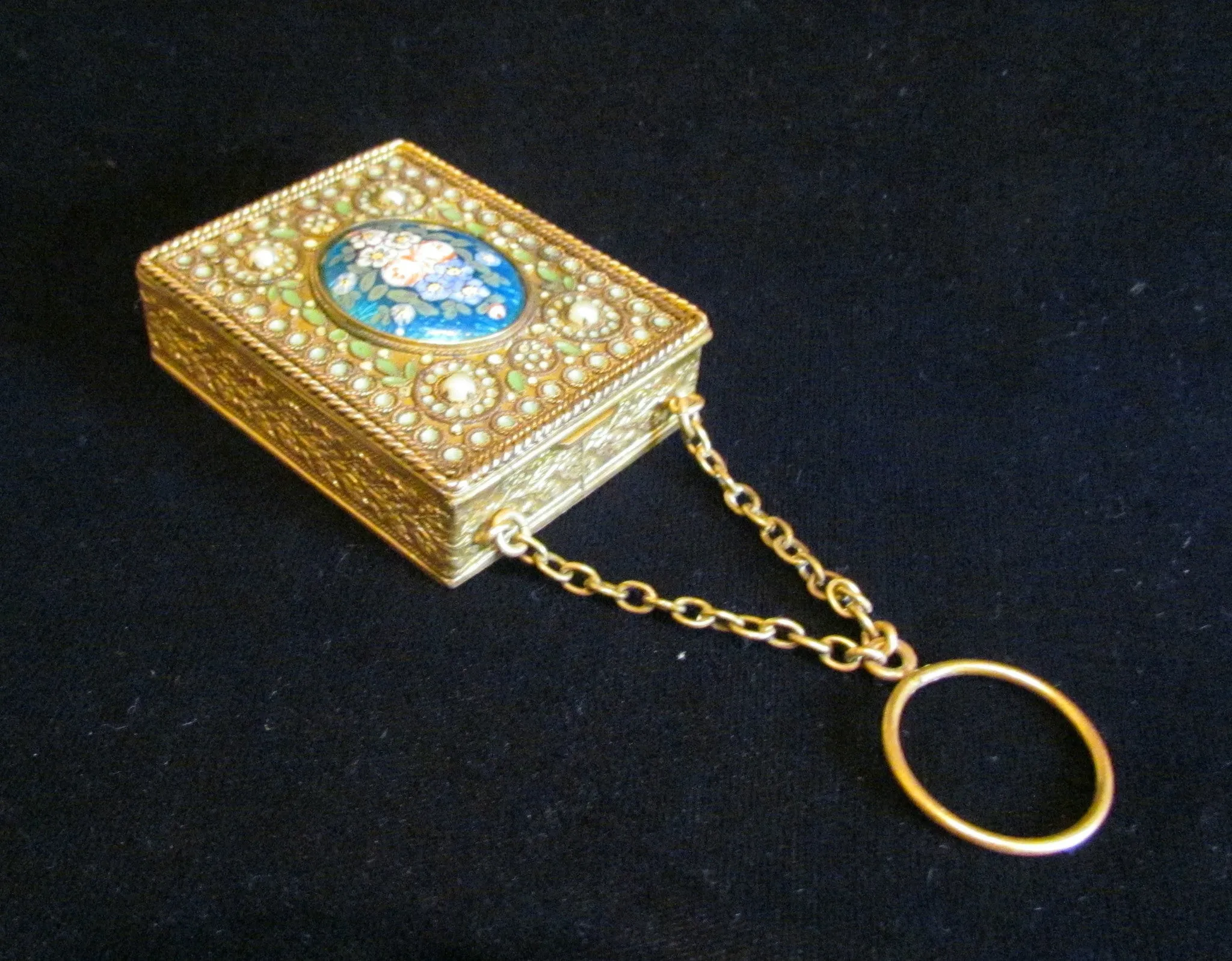 1800s French Gold Ormolu Compact Purse Enamel Guilloche And Pearl Finger Ring Excellent Condition