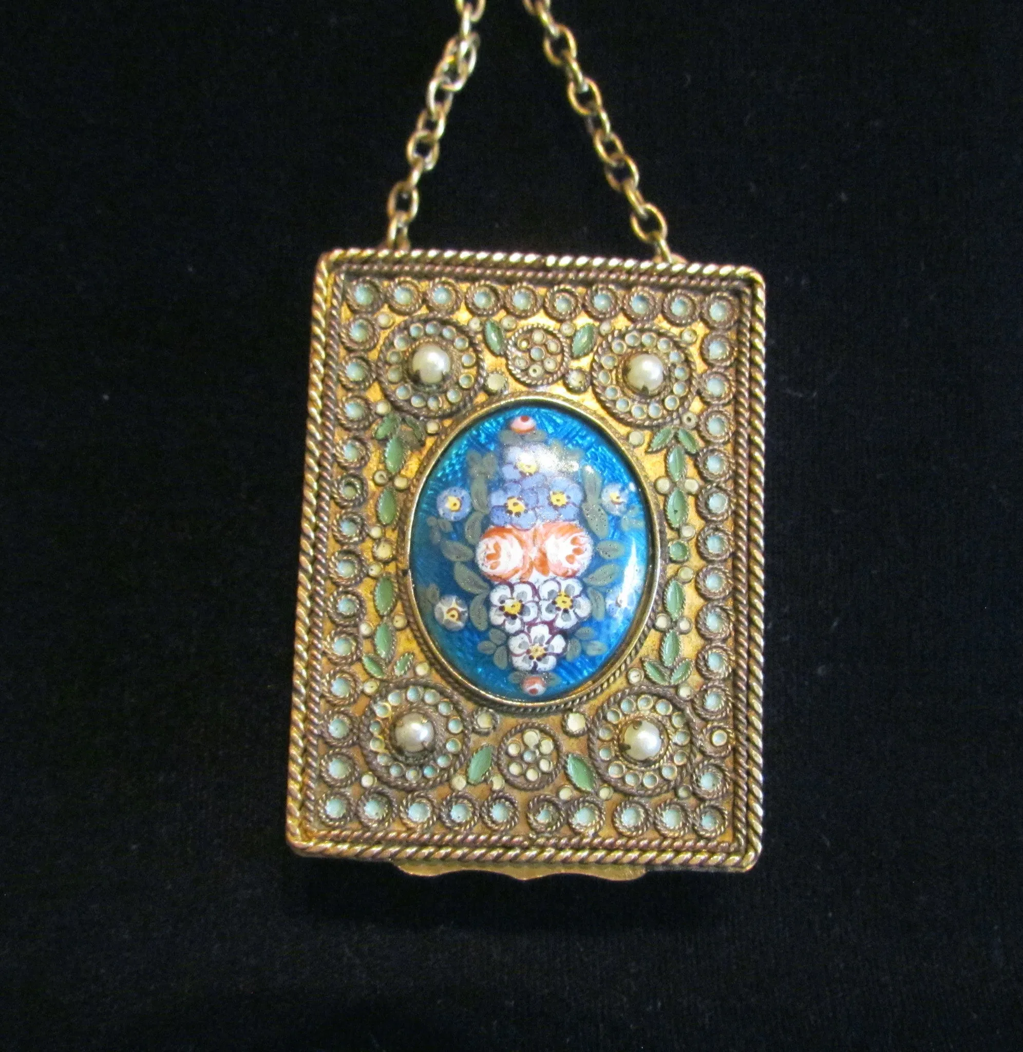 1800s French Gold Ormolu Compact Purse Enamel Guilloche And Pearl Finger Ring Excellent Condition