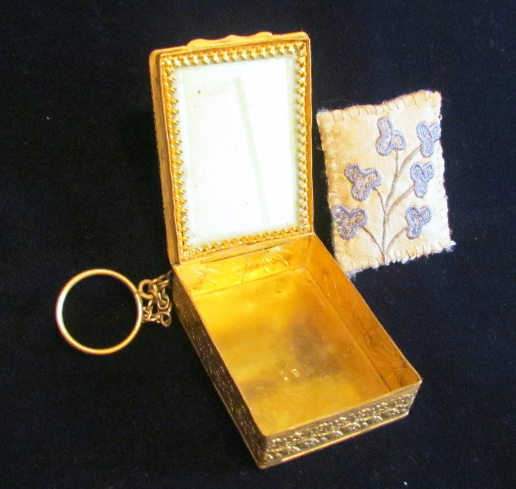 1800s French Gold Ormolu Compact Purse Enamel Guilloche And Pearl Finger Ring Excellent Condition