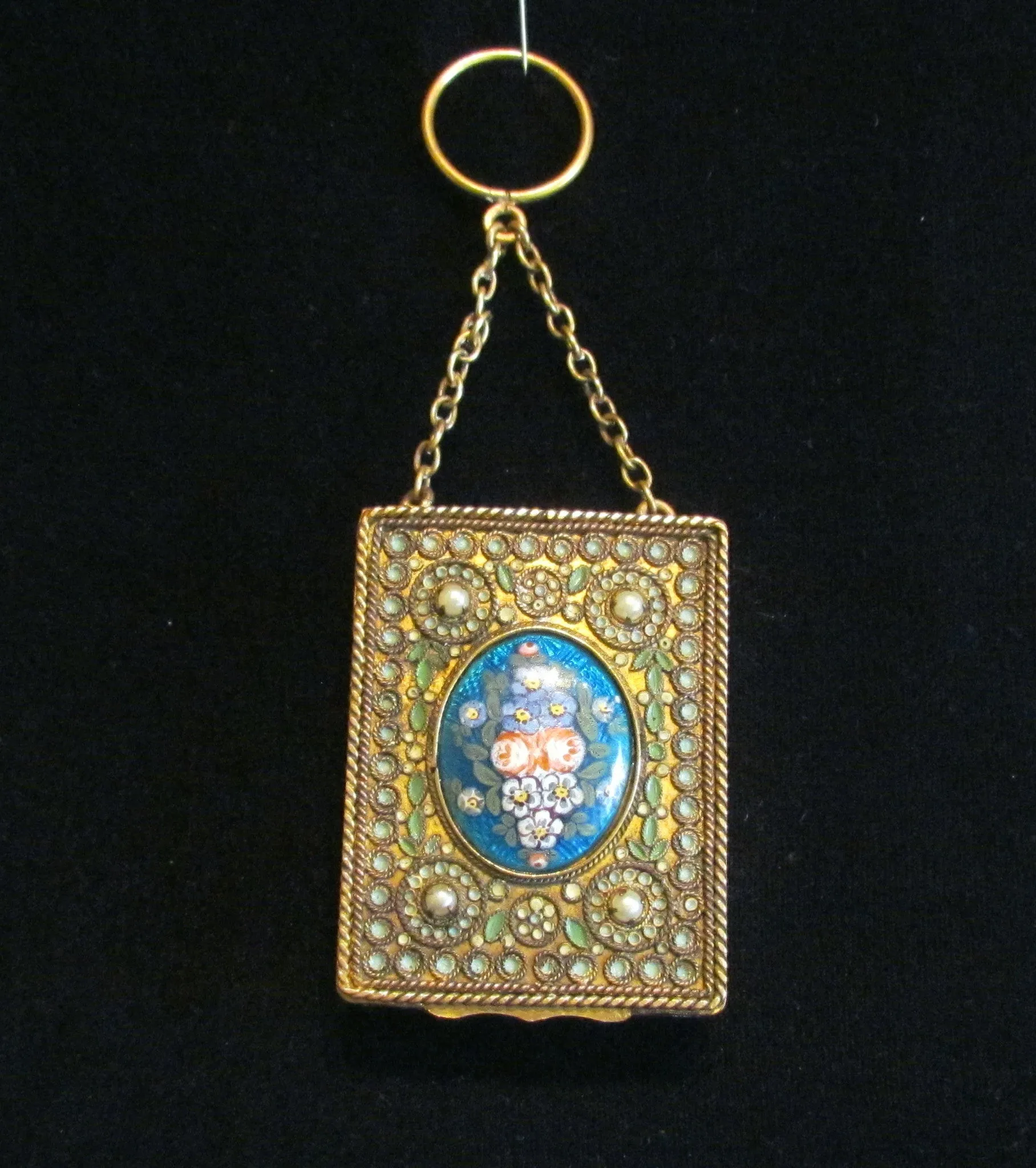 1800s French Gold Ormolu Compact Purse Enamel Guilloche And Pearl Finger Ring Excellent Condition