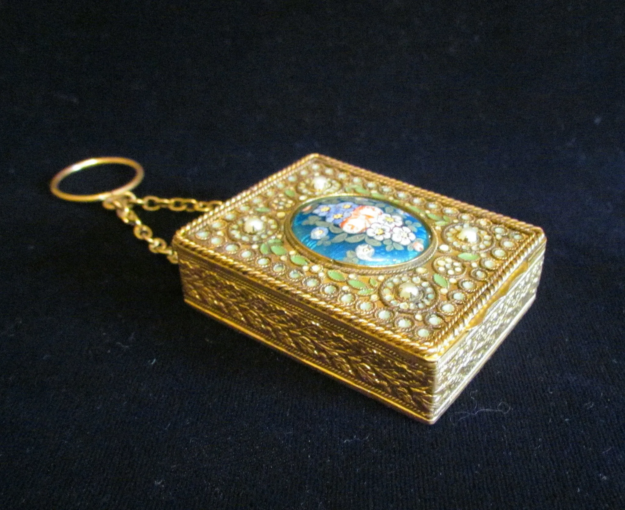 1800s French Gold Ormolu Compact Purse Enamel Guilloche And Pearl Finger Ring Excellent Condition