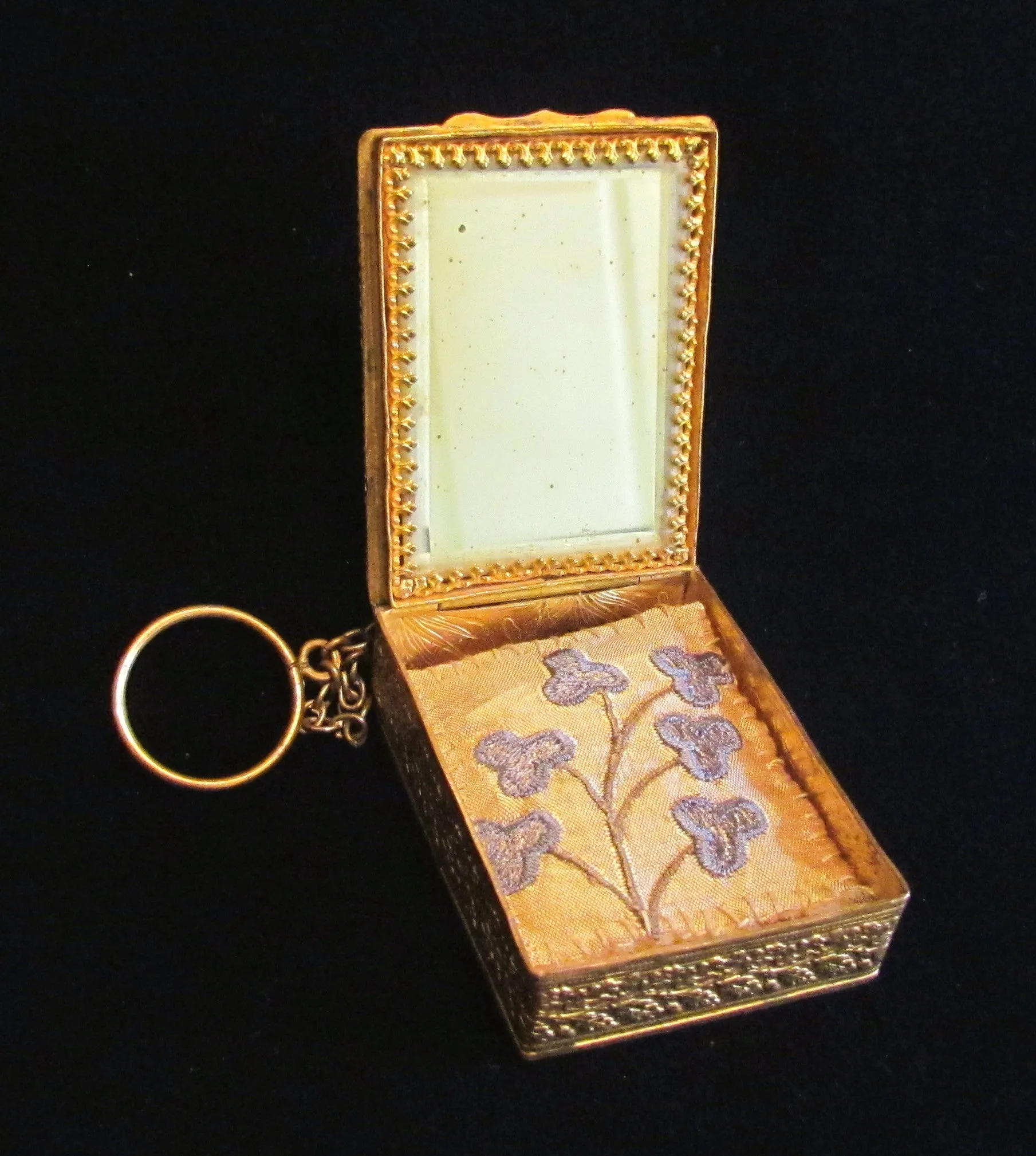 1800s French Gold Ormolu Compact Purse Enamel Guilloche And Pearl Finger Ring Excellent Condition