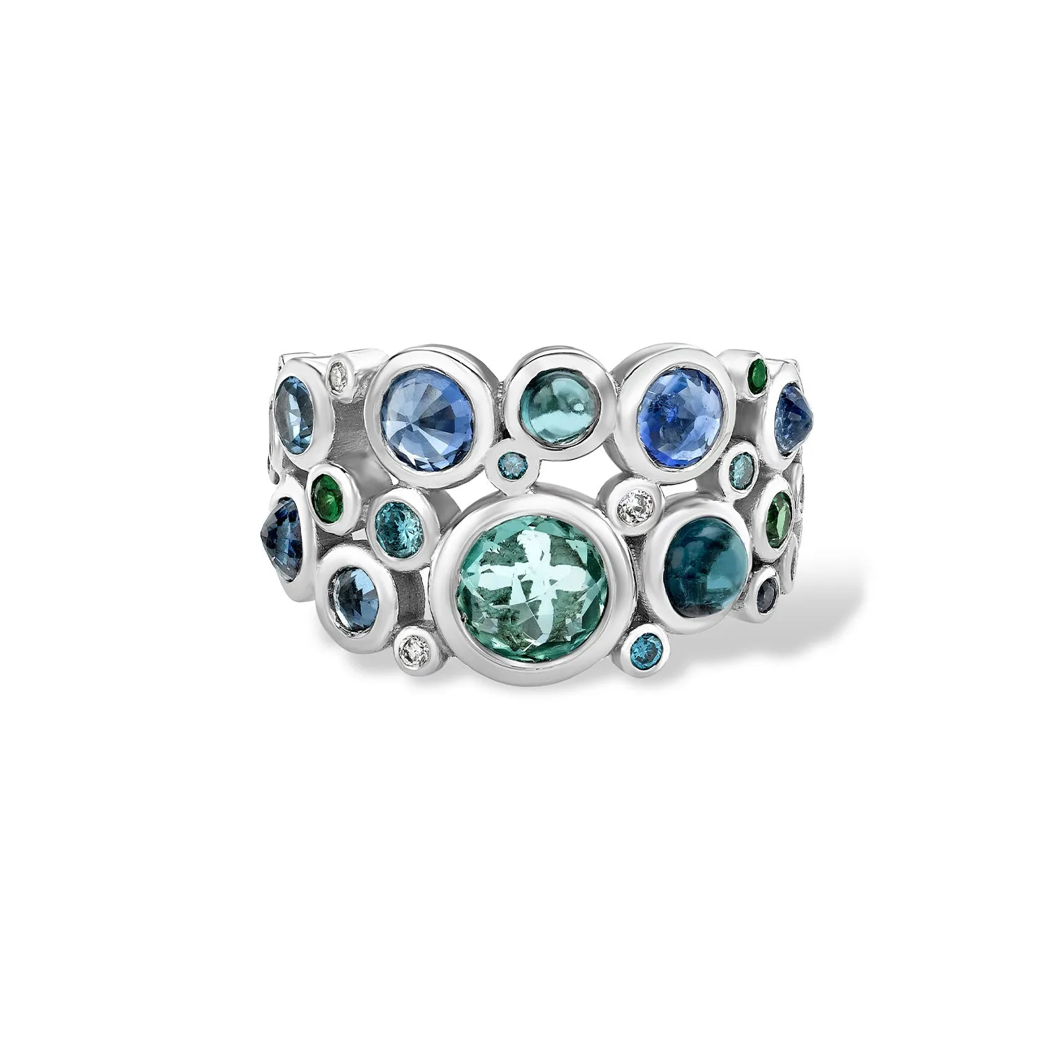 18k White Gold Three Row Blues Cascade Ring