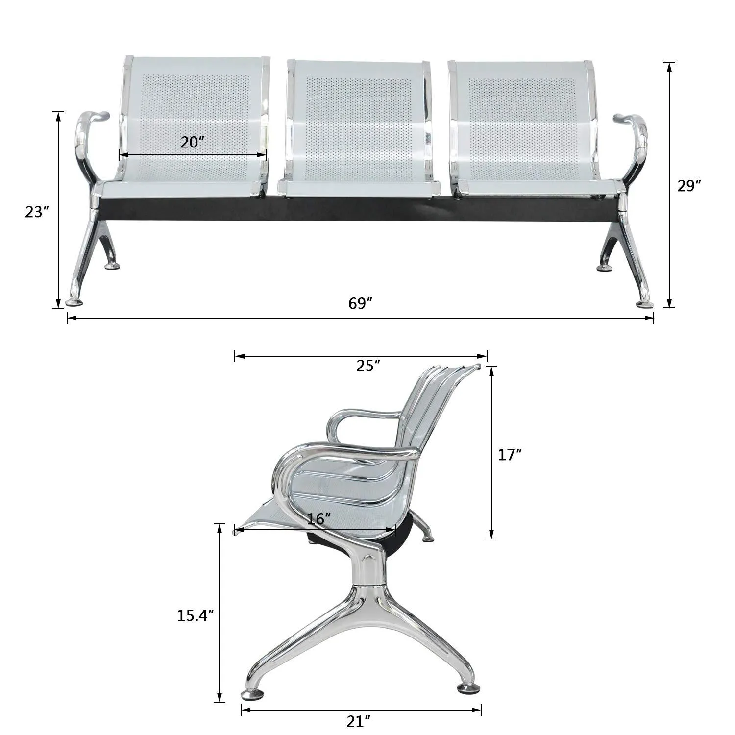 3 Seater Reception Metal Bench - Blue