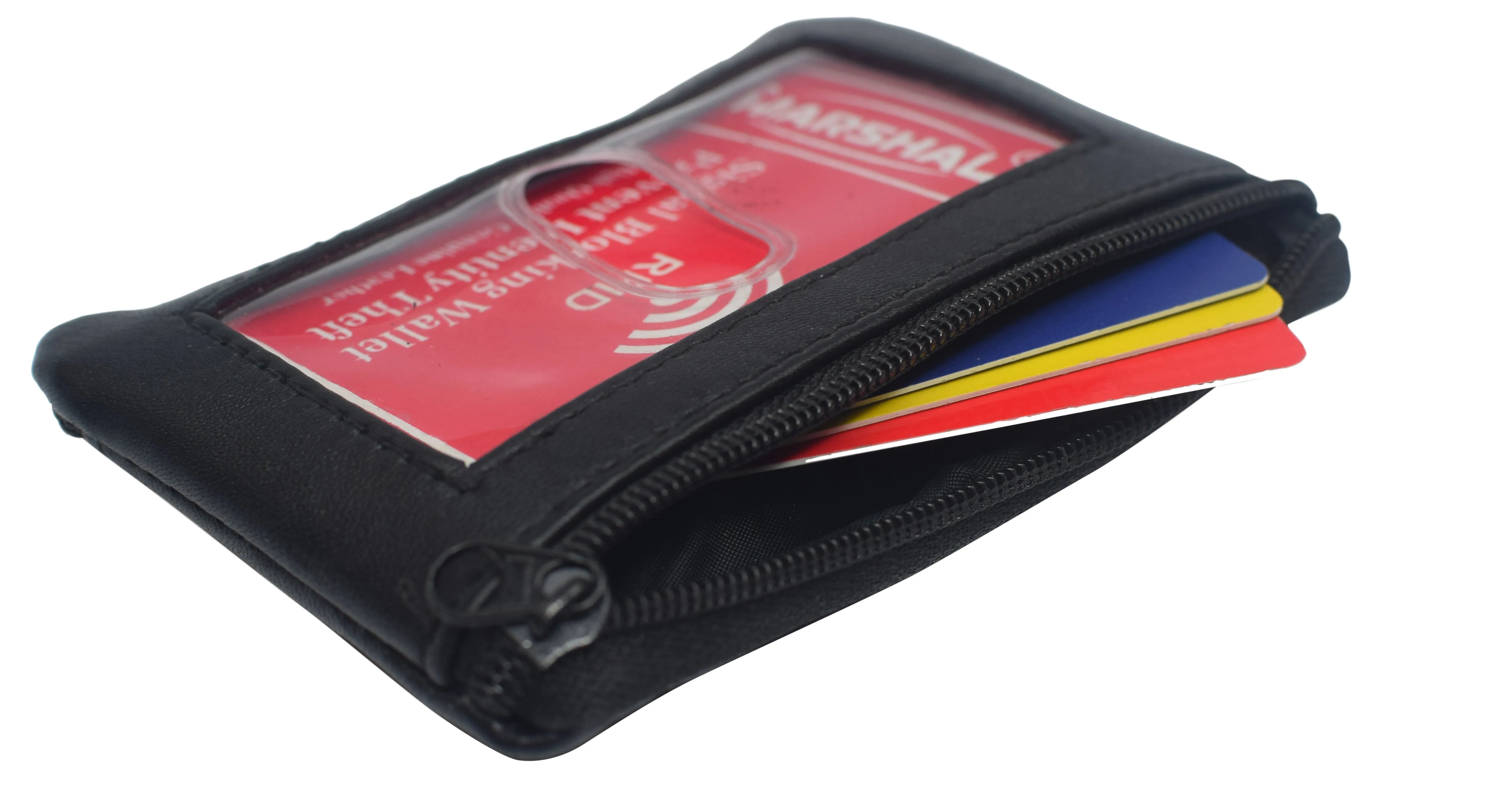 813 Genuine Leather Lightweight Zippered Minimalist Wallet with Clear ID Window with Key Ring