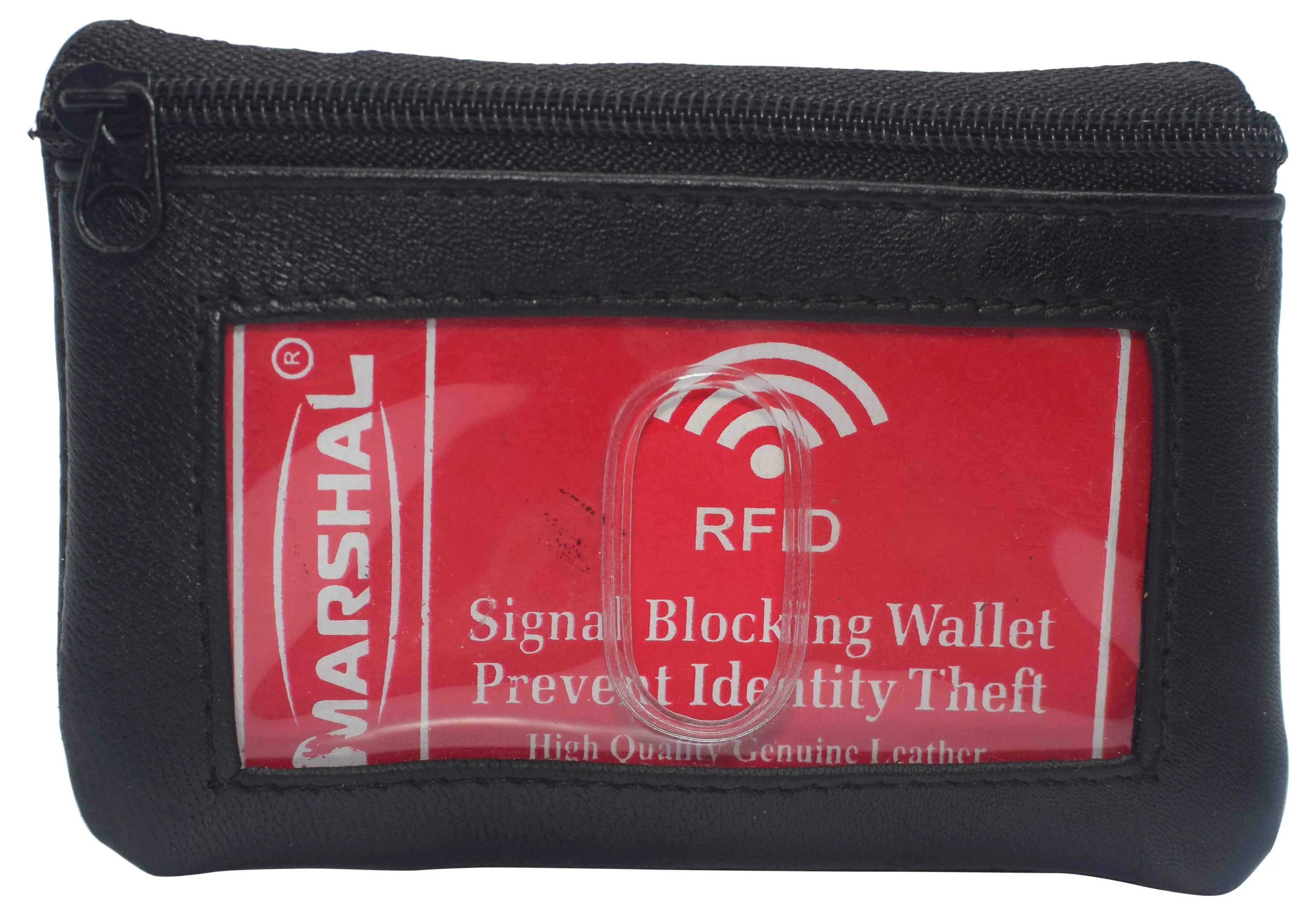 813 Genuine Leather Lightweight Zippered Minimalist Wallet with Clear ID Window with Key Ring