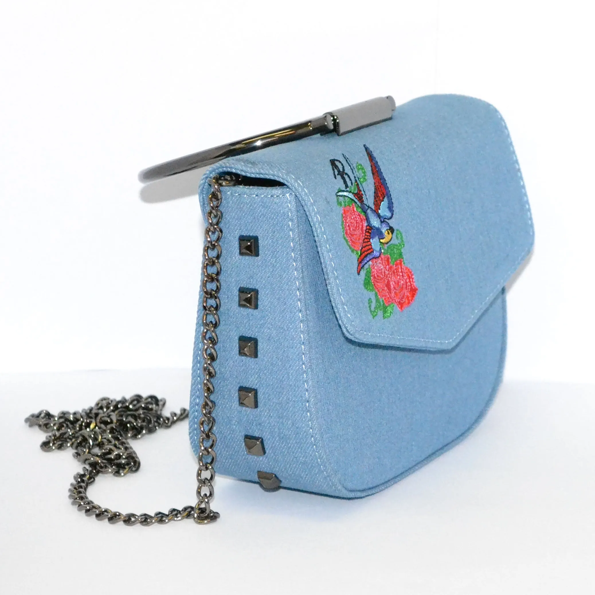 ABERMAIN - Denim Chain Ring Clutch Bag With Embroidery