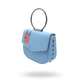 ABERMAIN - Denim Chain Ring Clutch Bag With Embroidery