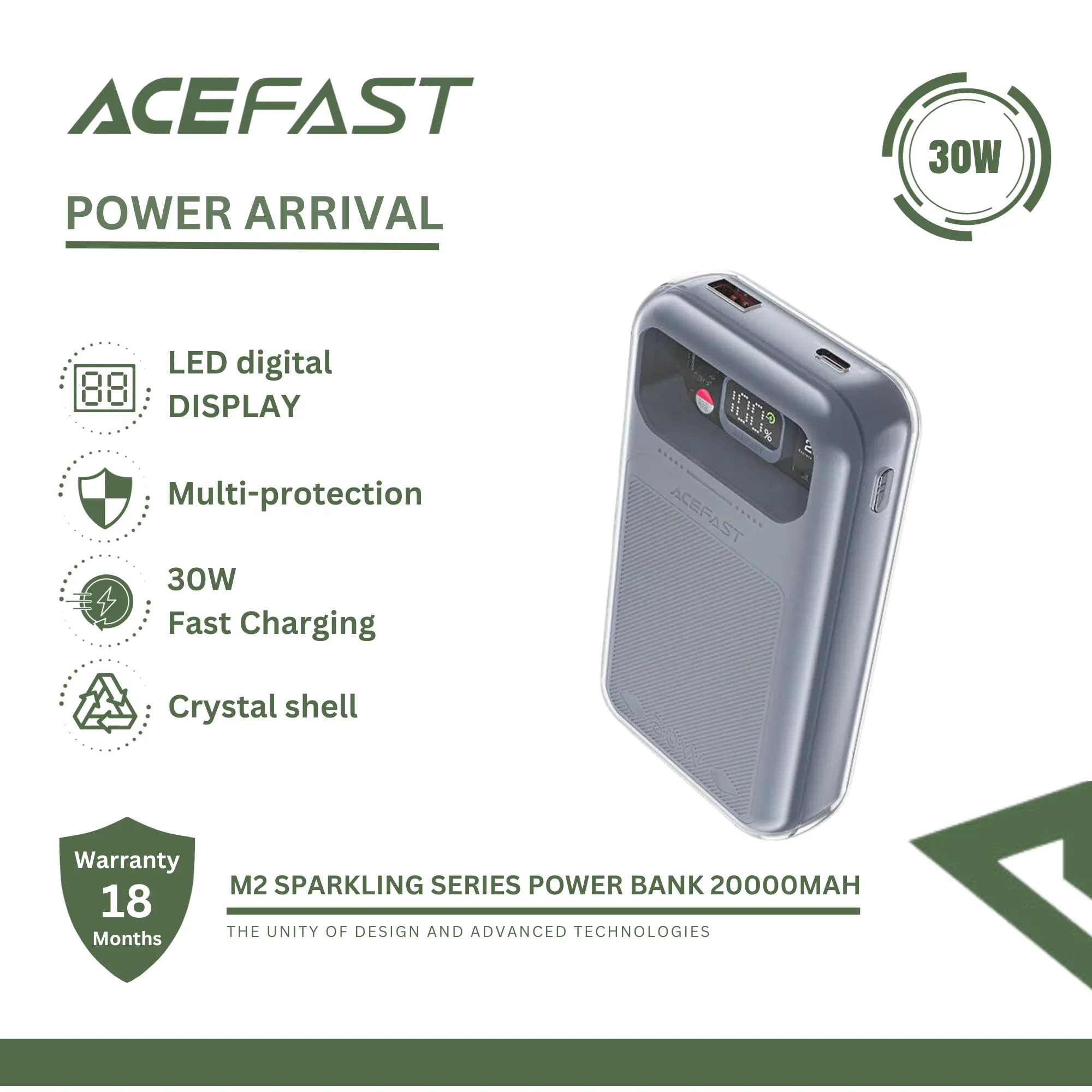 ACEFAST M2 SPARKLING SERIES 30W FAST CHARGING POWER BANK 20000MAH (MICA GREY)