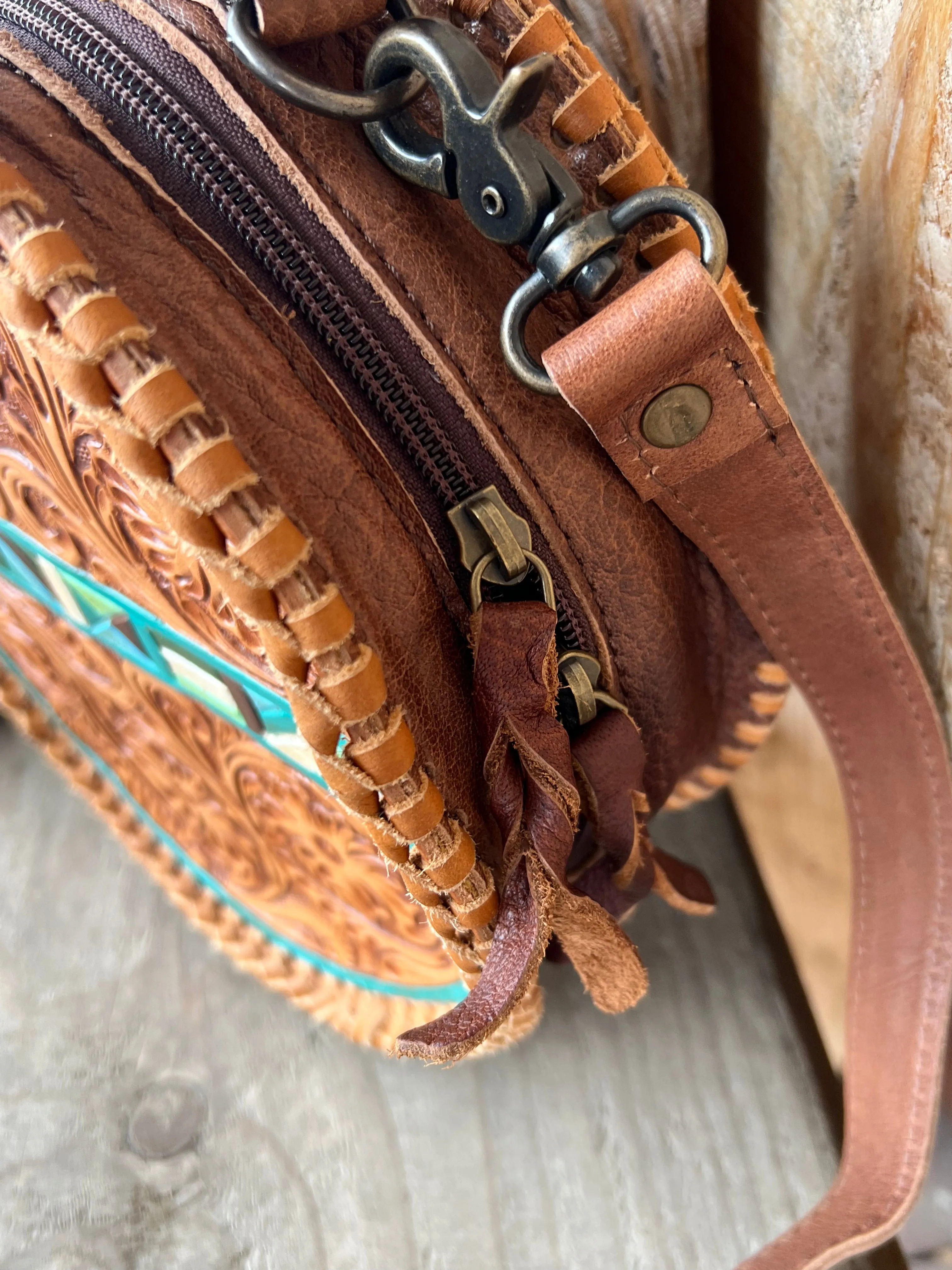 American Darling Round Brown Tooled Leather Purse with Painted Accents ADBG1025A