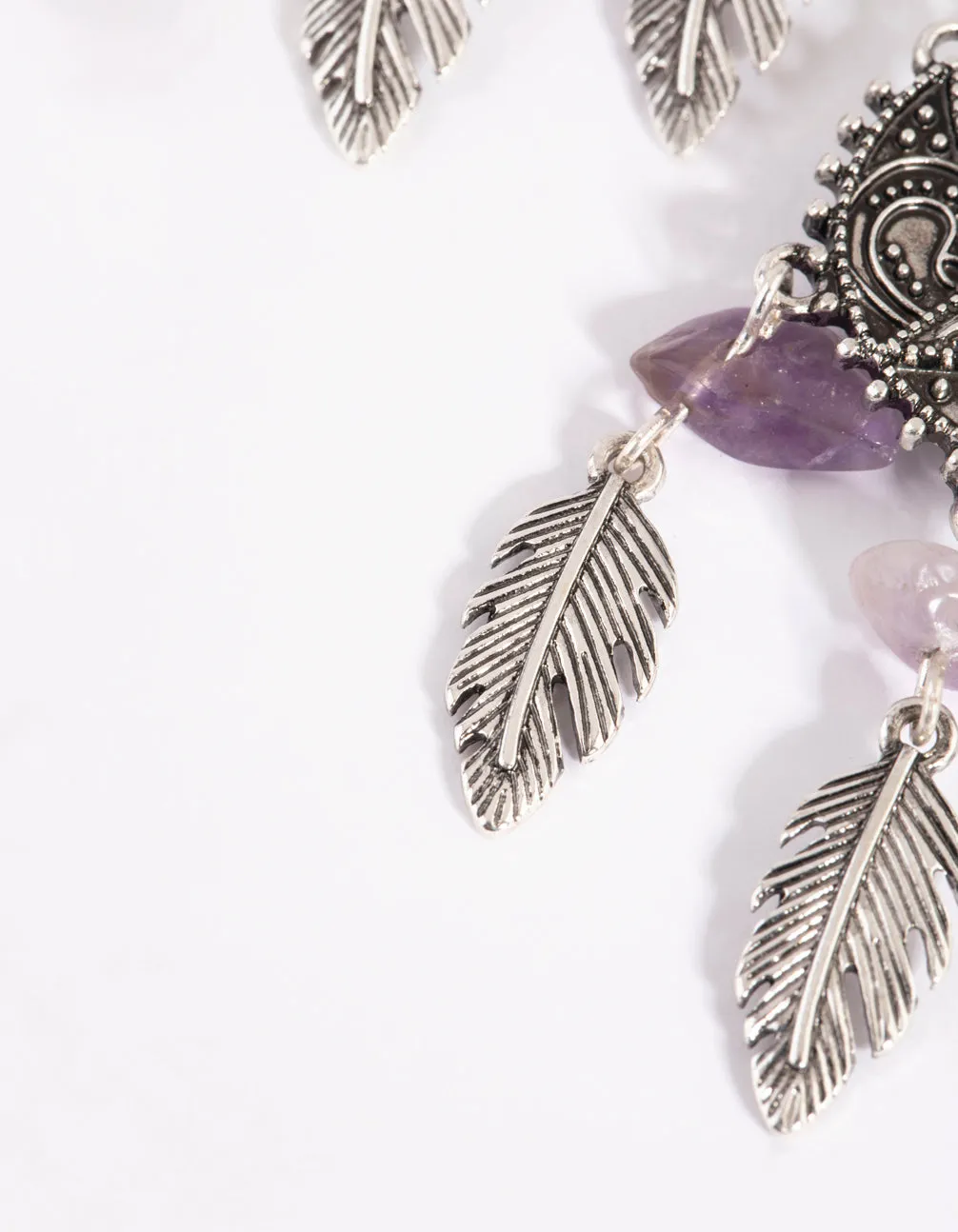 Antique Silver Fan Drop Earrings with Amethyst