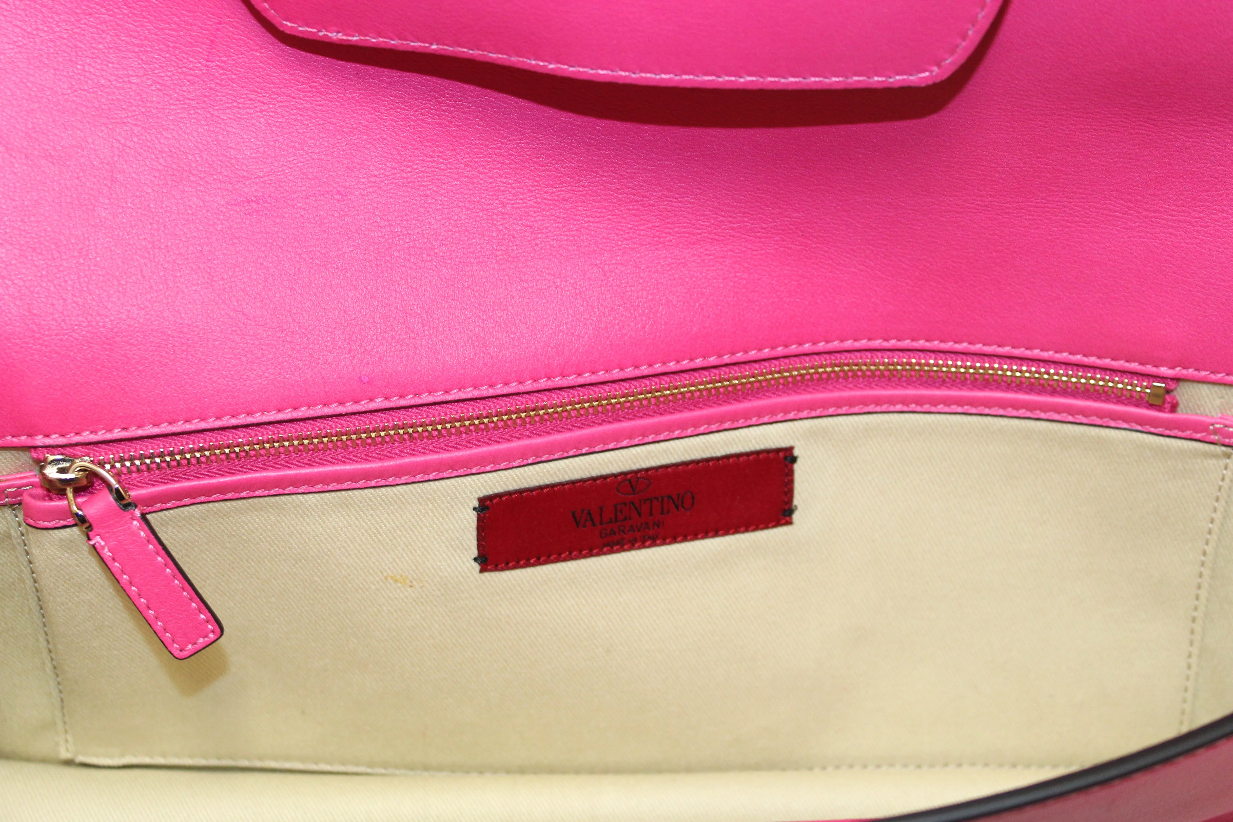 Authentic Valentino Hot Fuchsia Pink Leather Long Clutch Bag