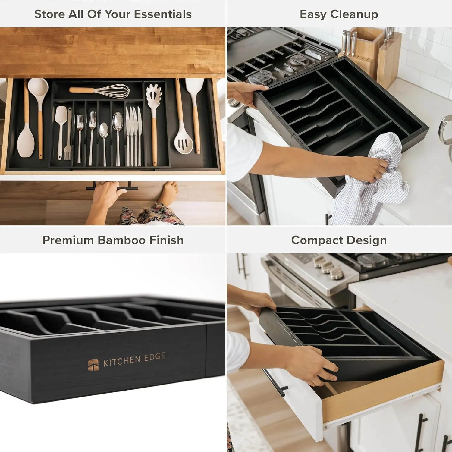 Bamboo Drawer Organizer for Silverware & Utensils - Black Finish (Expands 18.5-33in)