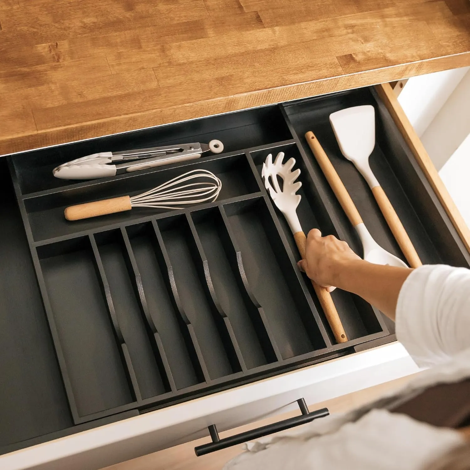 Bamboo Drawer Organizer for Silverware & Utensils - Black Finish (Expands 18.5-33in)