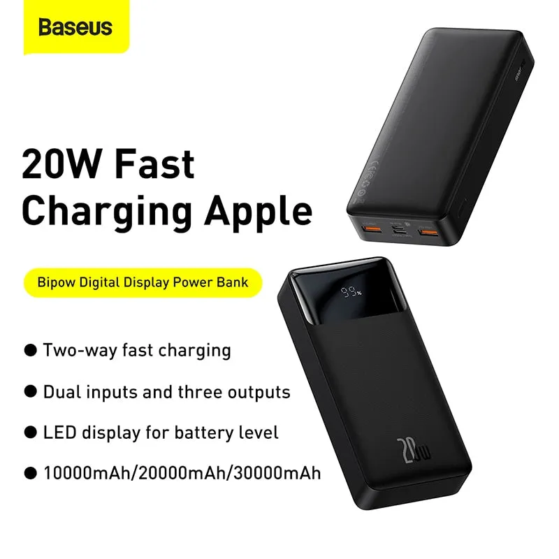 Baseus 30000mAh Power Bank PD 20W Portable Charging External Battery Charger Pack 20000mAh Powerbank For iPhone Xiaomi PoverBank