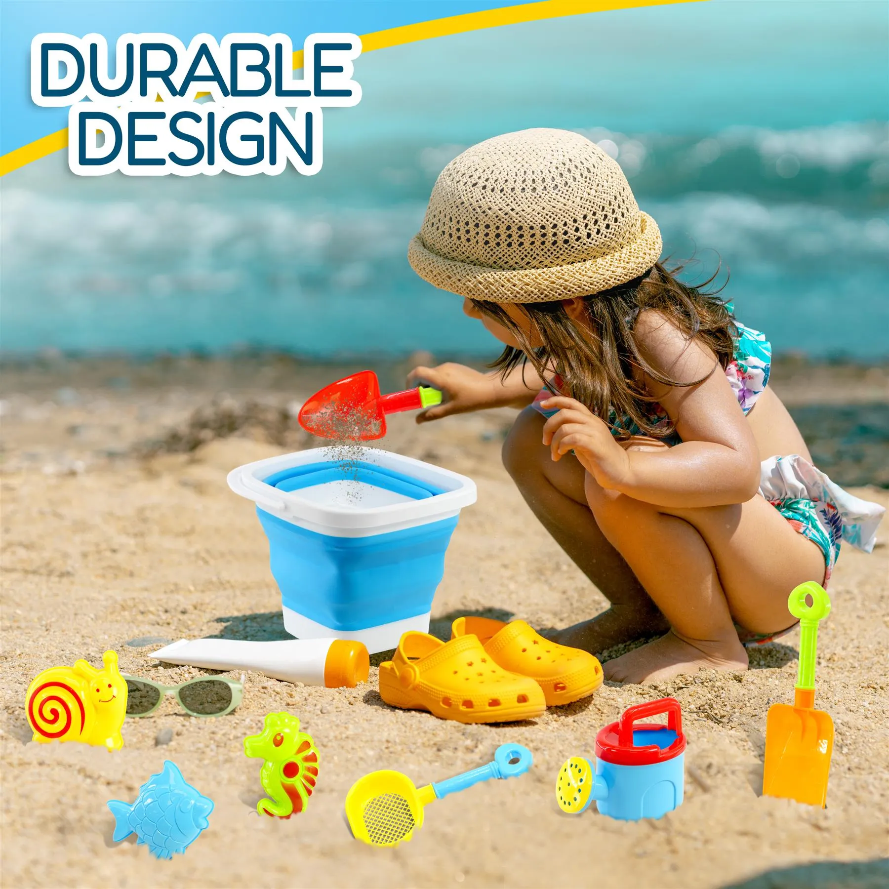 Beach Playset with Foldable Bucket Rake and Shovel