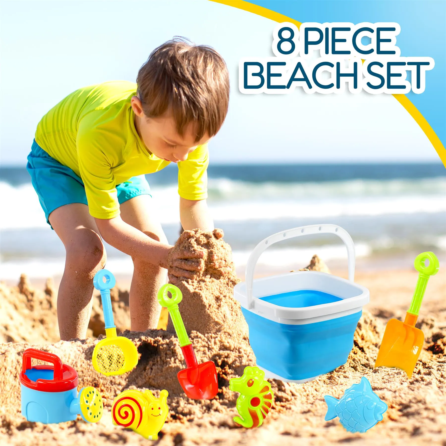 Beach Playset with Foldable Bucket Rake and Shovel