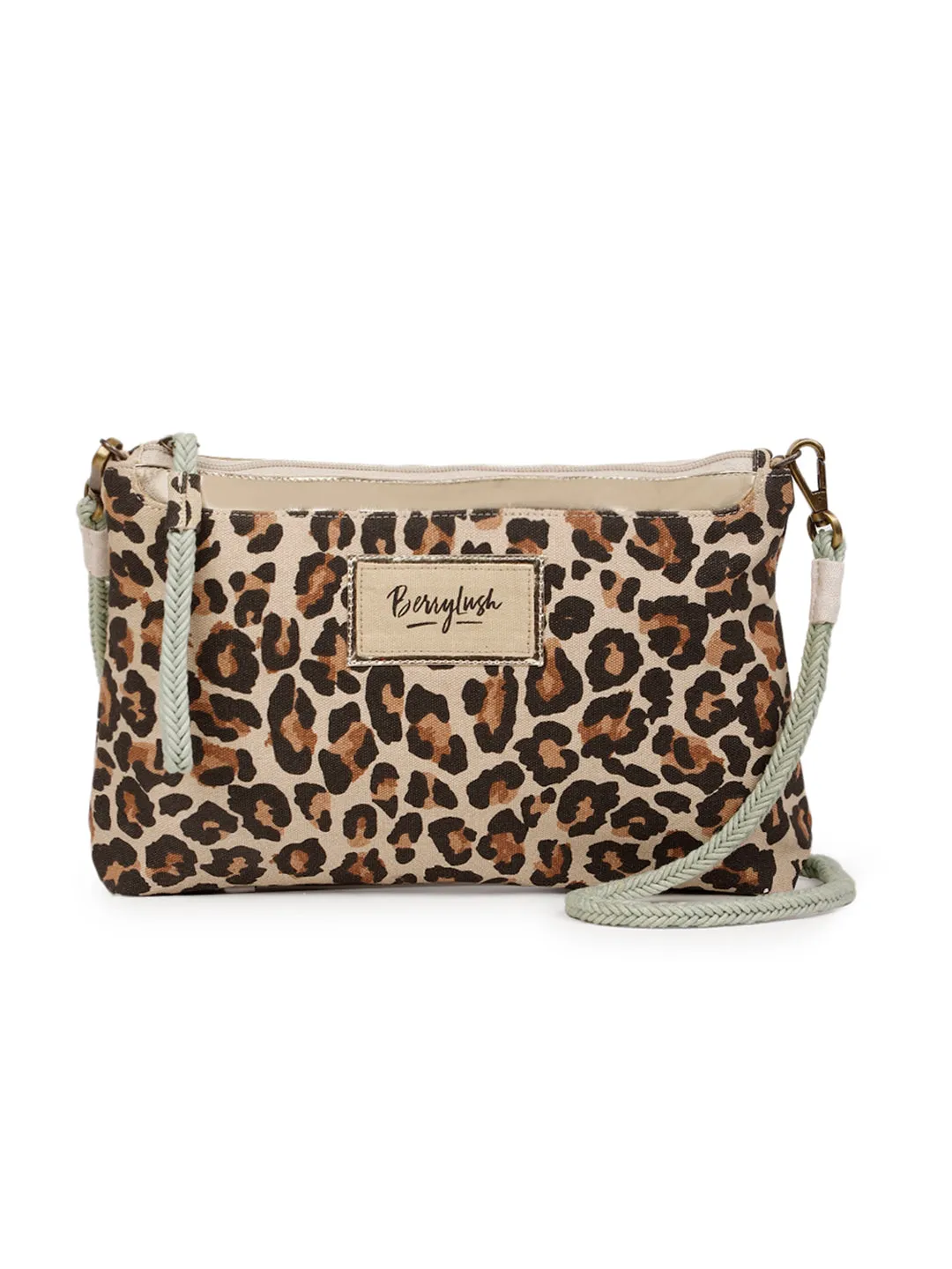 Berrylush Women Brown Leopard Printed Canvas Detachable Sling Strap Small Clutch/Sling Bag