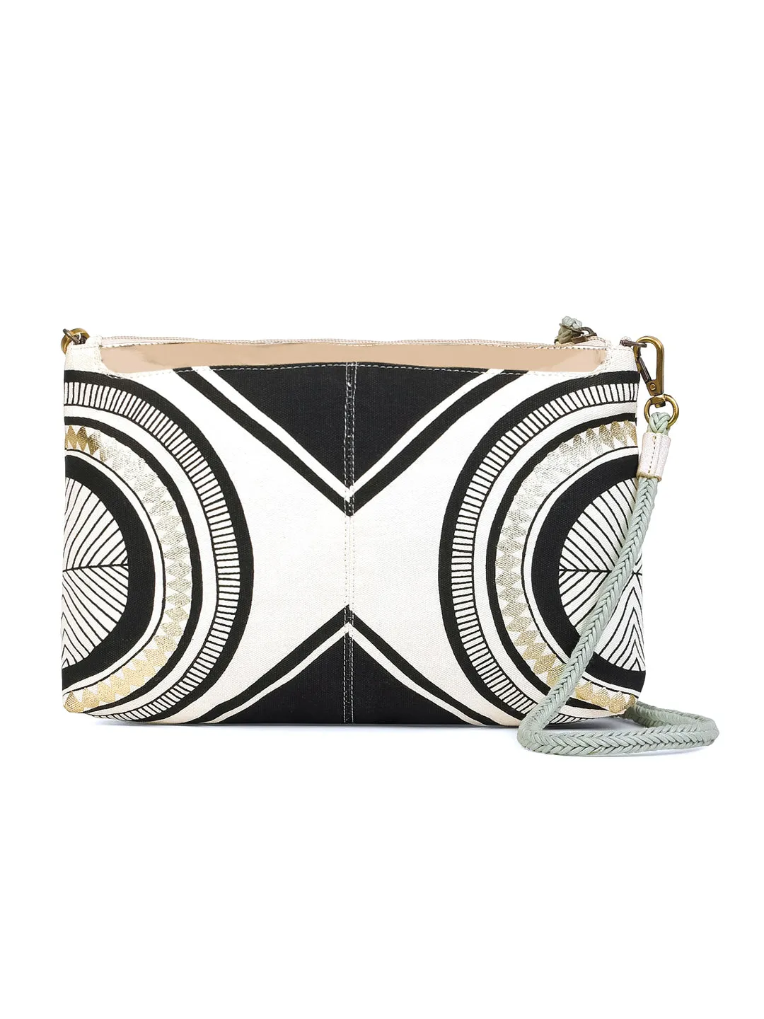 Berrylush Women White & Black Ethnic Motif Printed Canvas Detachable Sling Strap Small Clutch/Sling Bag