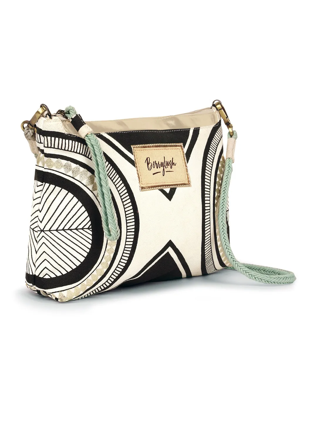 Berrylush Women White & Black Ethnic Motif Printed Canvas Detachable Sling Strap Small Clutch/Sling Bag