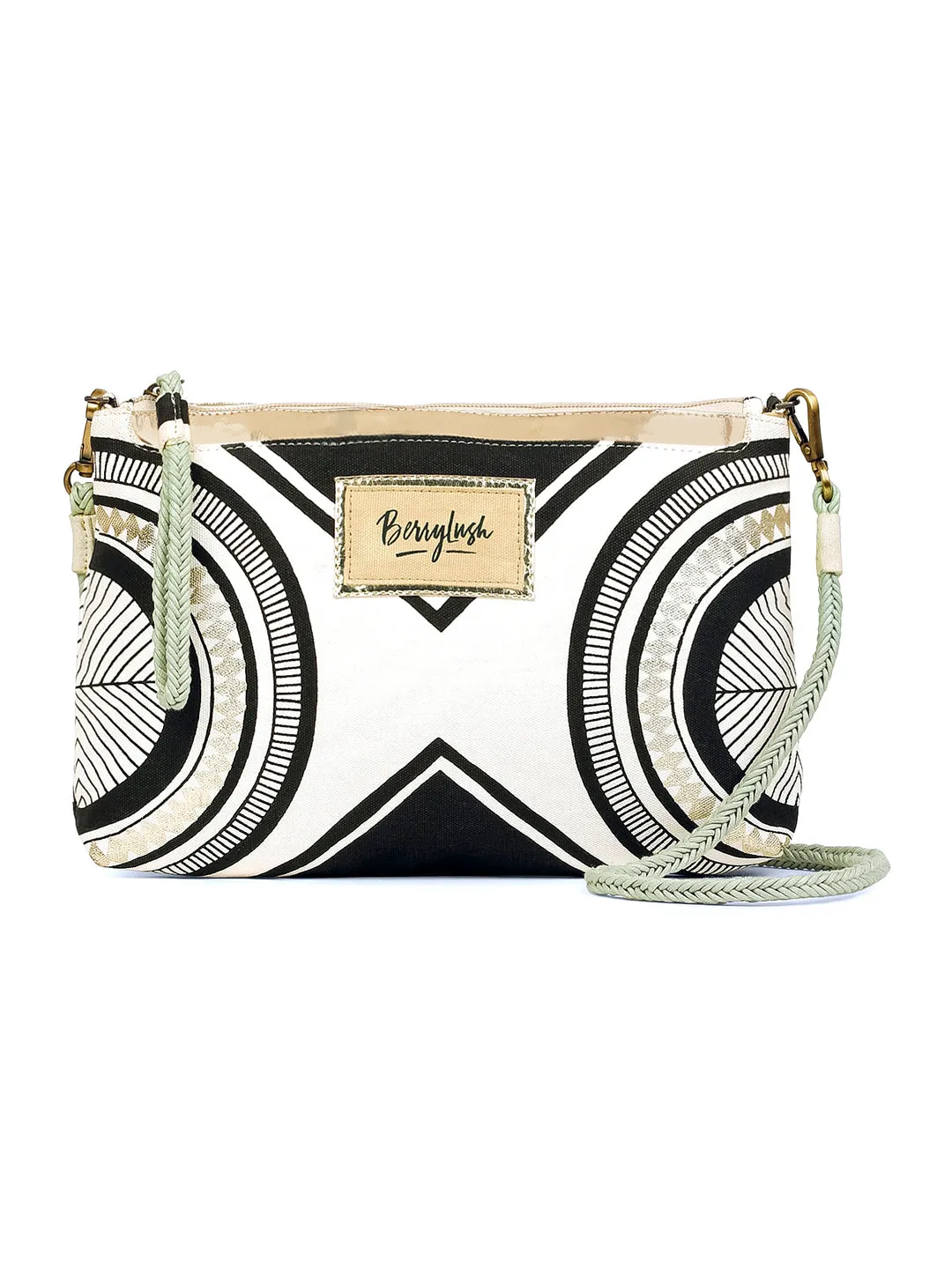 Berrylush Women White & Black Ethnic Motif Printed Canvas Detachable Sling Strap Small Clutch/Sling Bag