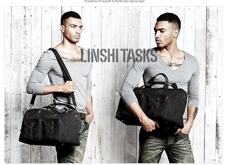 Black Fashion Canvas Mens Casual Large Travel Bag Shoulder Weekender Bag Duffle Bag For Men