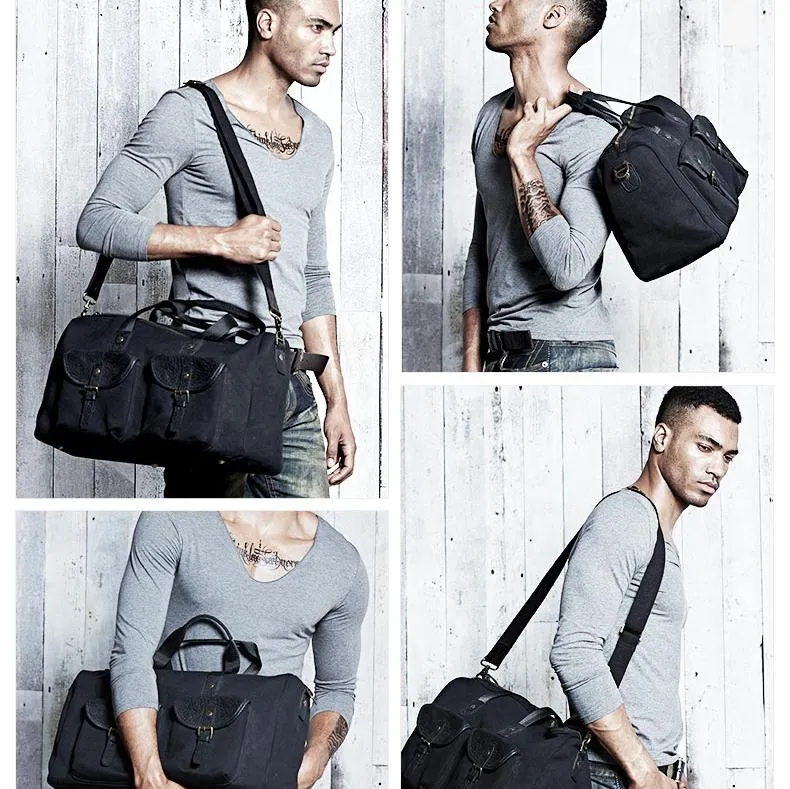 Black Fashion Canvas Mens Casual Large Travel Bag Shoulder Weekender Bag Duffle Bag For Men