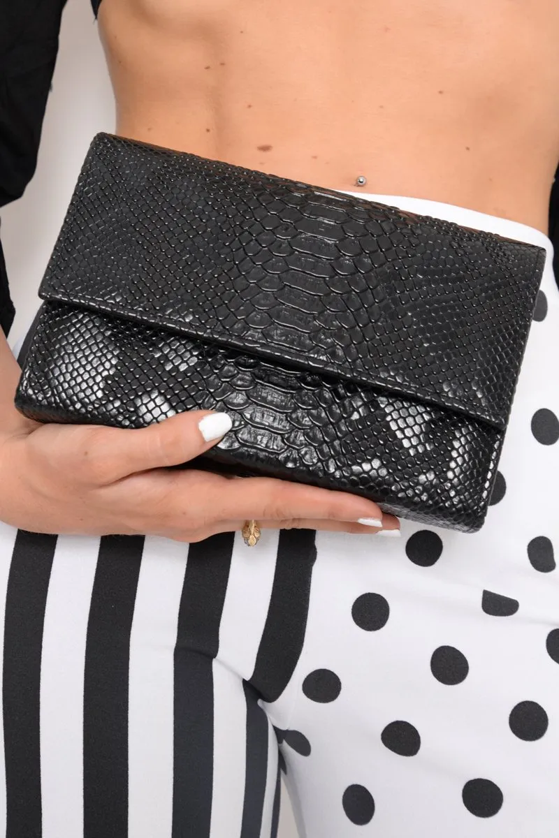 Black Faux Croc Clutch Bag - Analiya