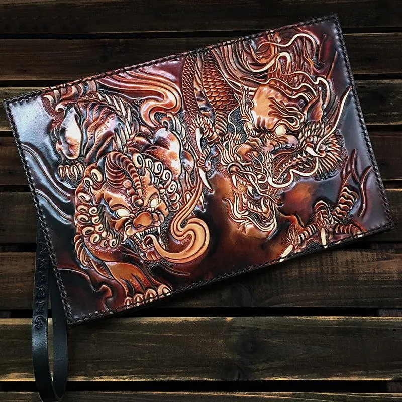 Black Handmade Tooled Leather Carp Chinese Dragon Clutch Wallet Wristlet Bag Clutch Purse For Men