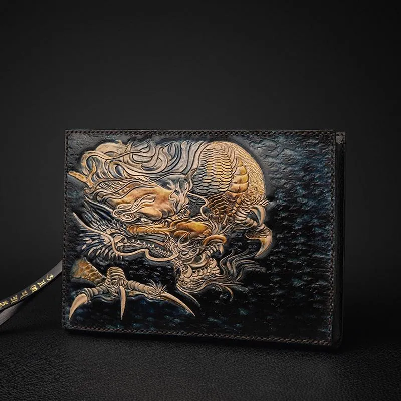 Black Handmade Tooled Leather Carp Chinese Dragon Clutch Wallet Wristlet Bag Clutch Purse For Men