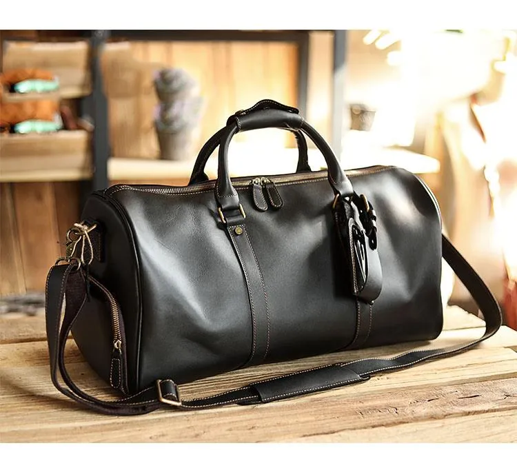 Black Leather Mens Casual Large Travel Bags Shoulder Weekender Bags Brown Duffle Bag For Men