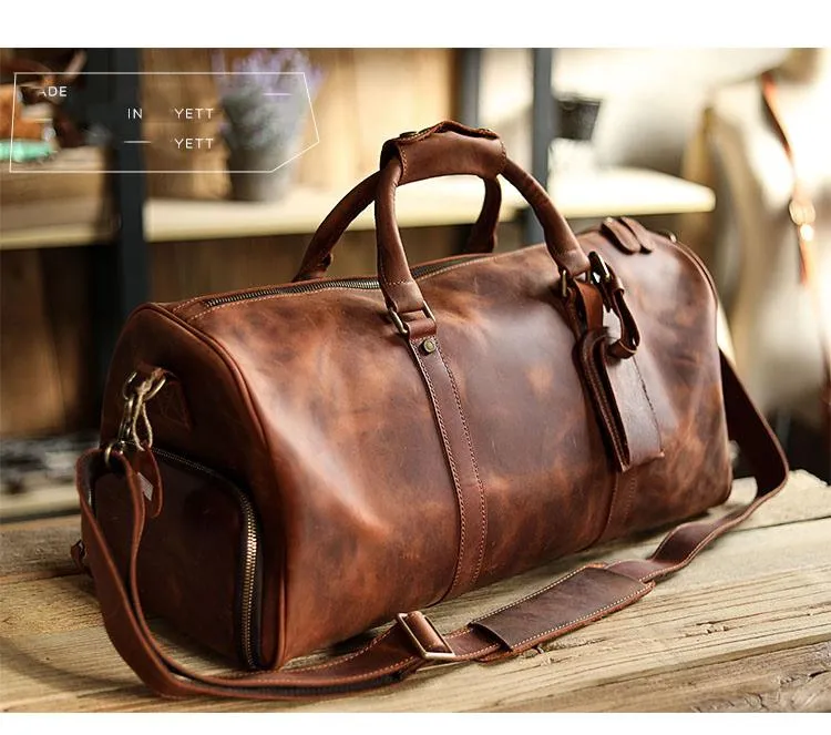 Black Leather Mens Casual Large Travel Bags Shoulder Weekender Bags Brown Duffle Bag For Men