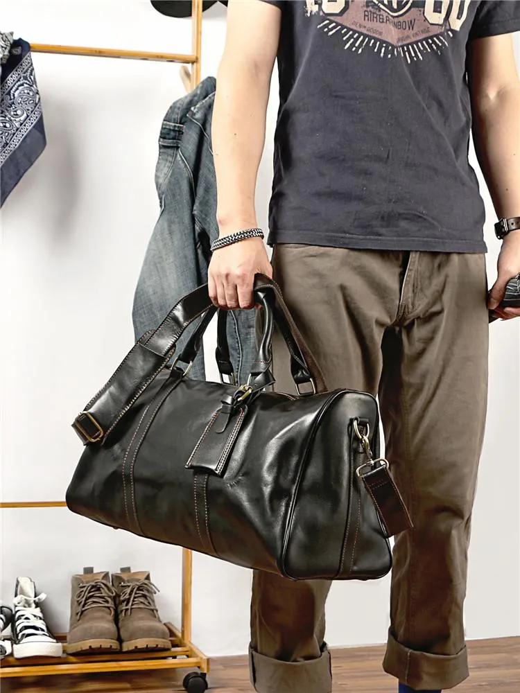 Black Leather Mens Casual Large Travel Bags Shoulder Weekender Bags Brown Duffle Bag For Men