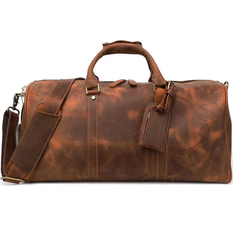 Black Leather Mens Casual Large Travel Bags Shoulder Weekender Bags Brown Duffle Bag For Men