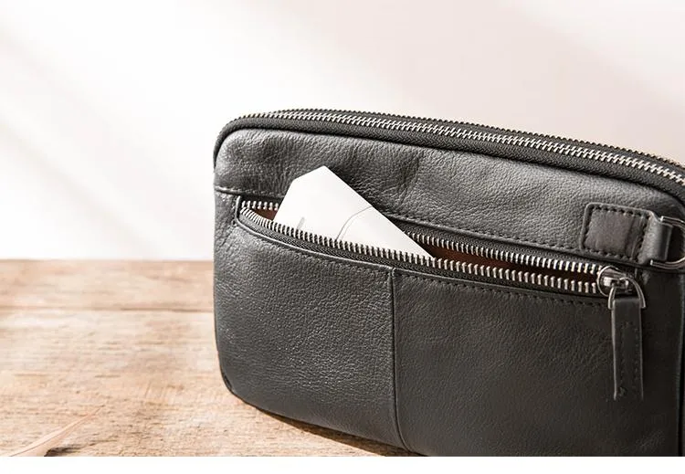 Black Leather Mens Long Zipper Clutch Wallet Wristlet Bag Long Wallet Phone Clutch Wallet for Men