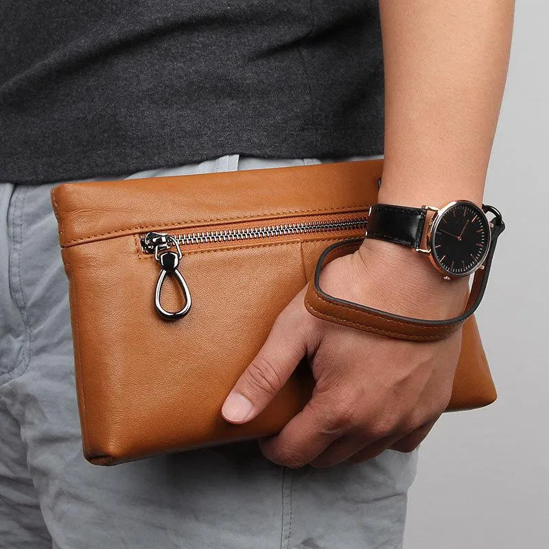 BLACK MENS LEATHER Yellow SLIM ZIPPER CLUTCH WRISTLET PURSE BAG CLUTCH BAG FOR MEN