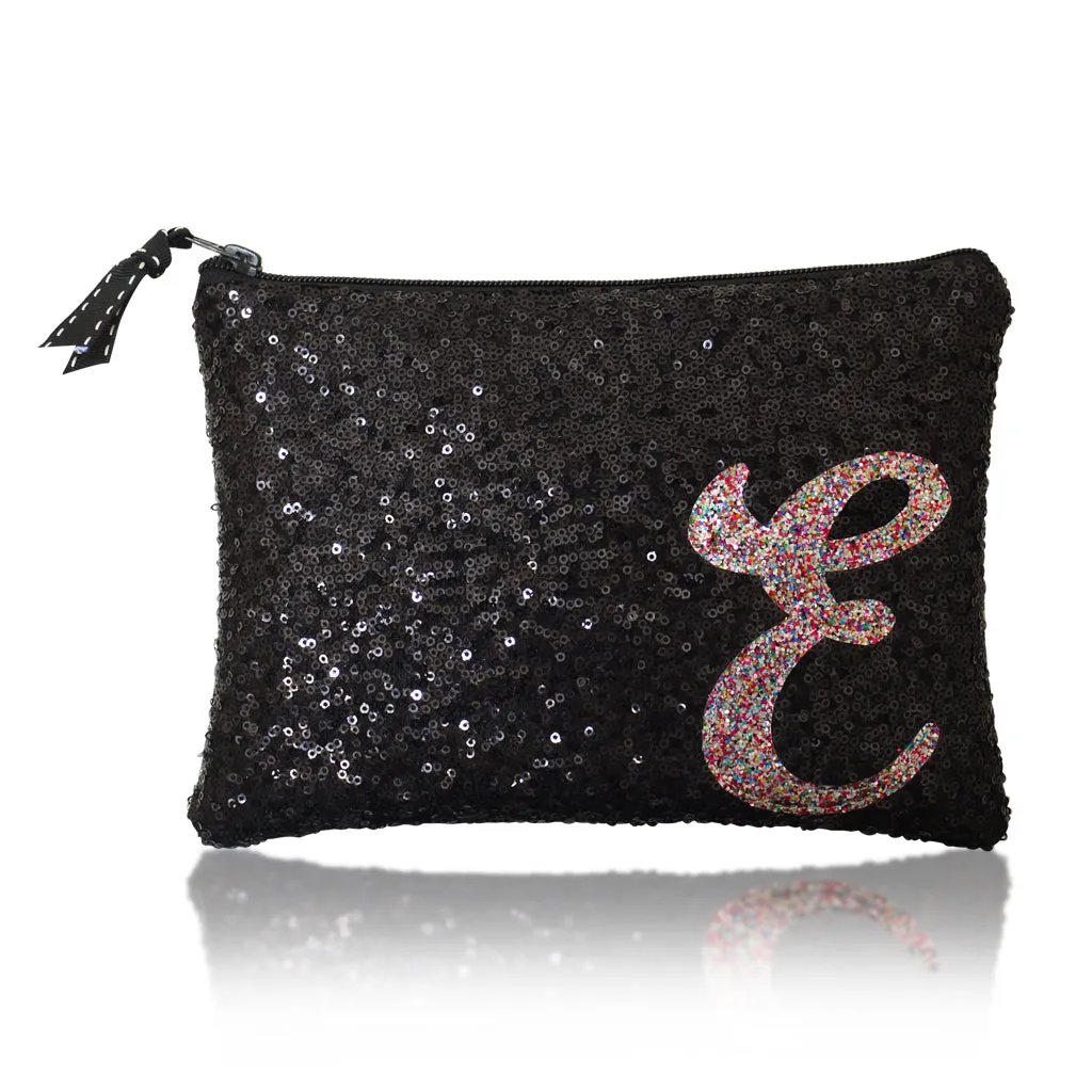 Black sequin zip top personalised initial clutch