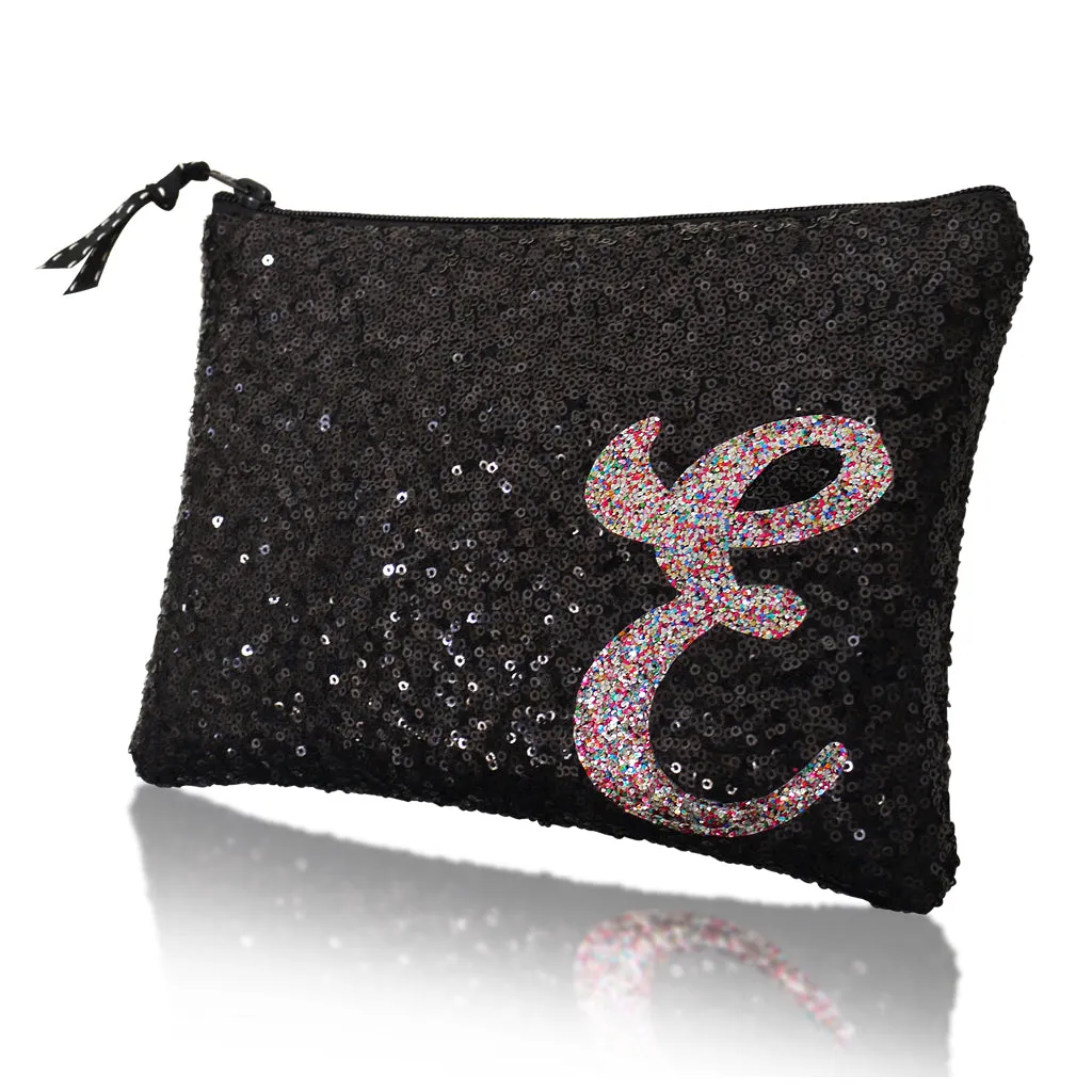 Black sequin zip top personalised initial clutch