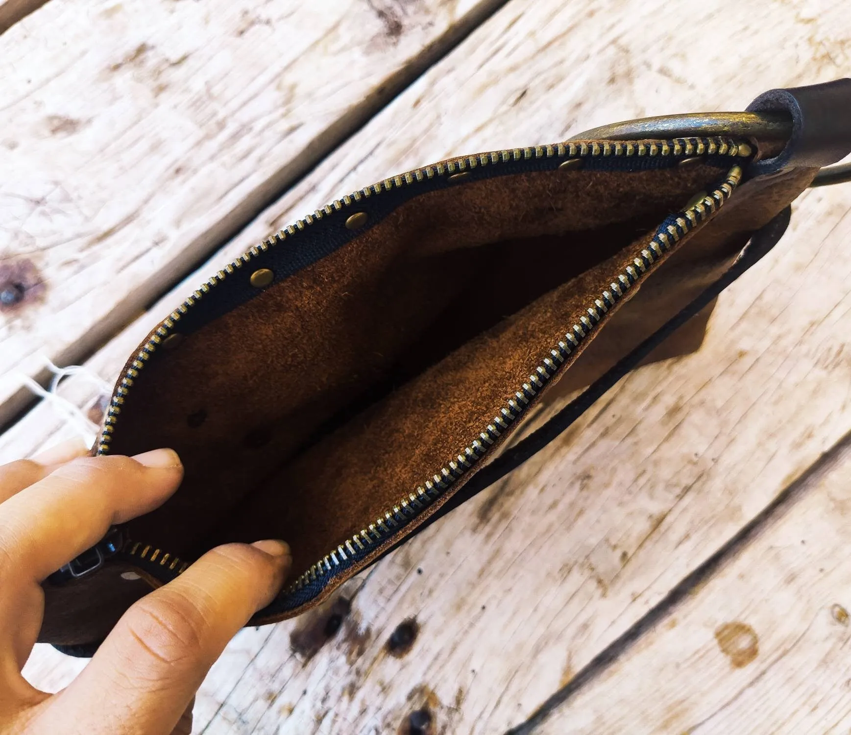 Brown Clutch leather Bag with zipper made by hand with original design by ISHAOR, unique small bag design  with jeans and decorative rivet