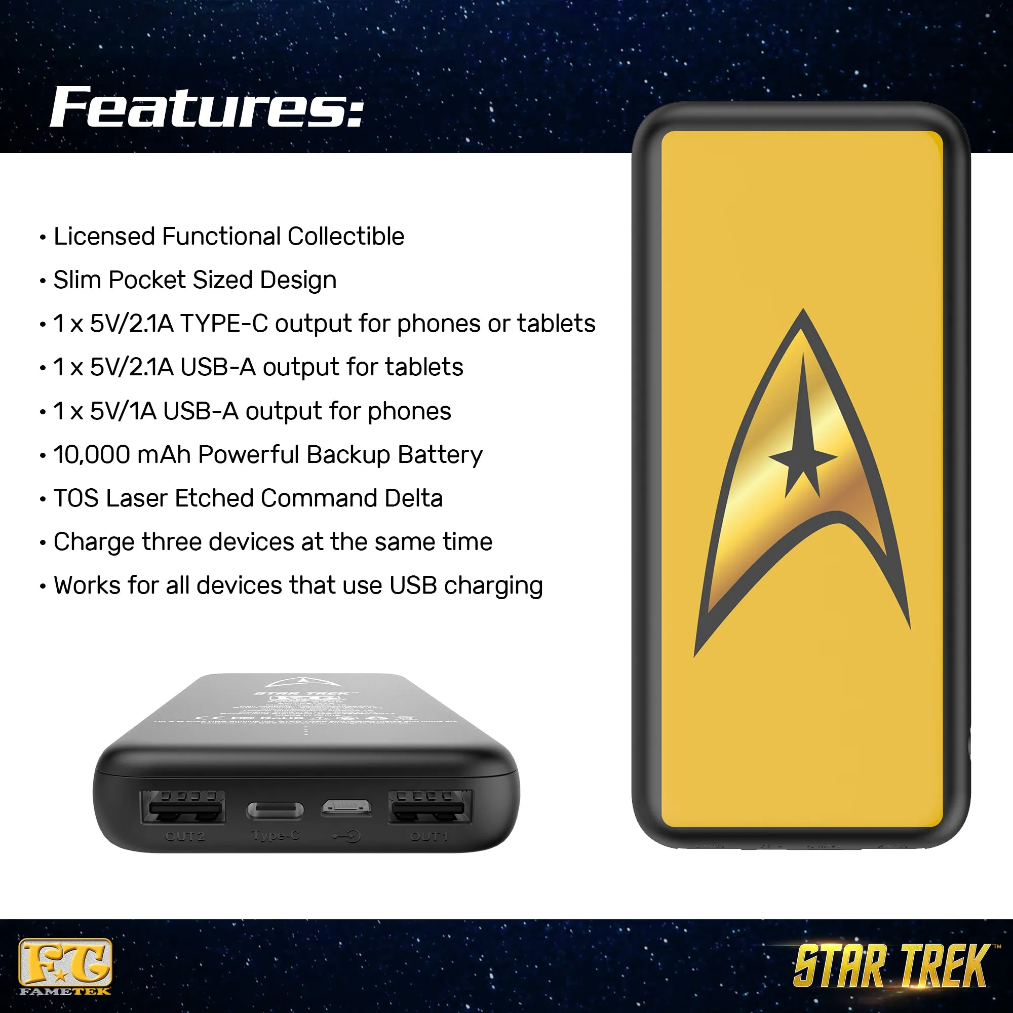 BUNDLE - Star Trek TNG Bluetooth ComBadge, with TOS Command 10,000 mAh Powerbank