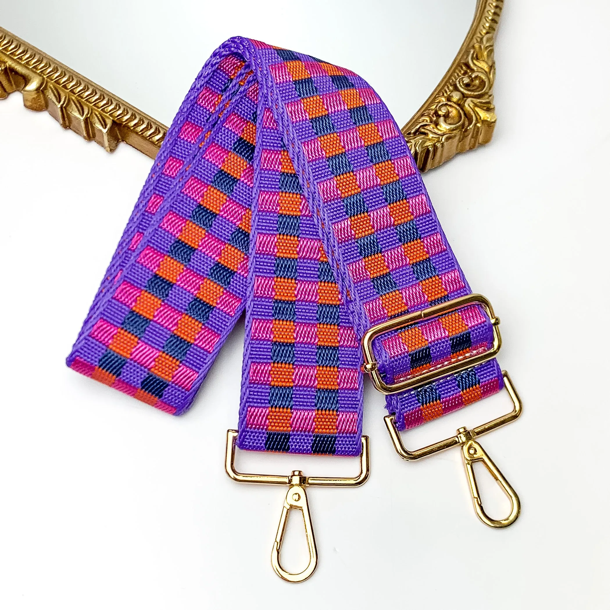 Checkered Adjustable Purse Strap in Purple, Orange, and Black