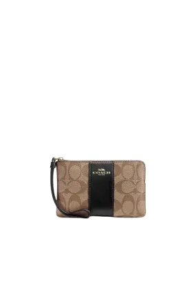 Coach Corner Zip Wristlet With Stripe In Khaki Black CS602