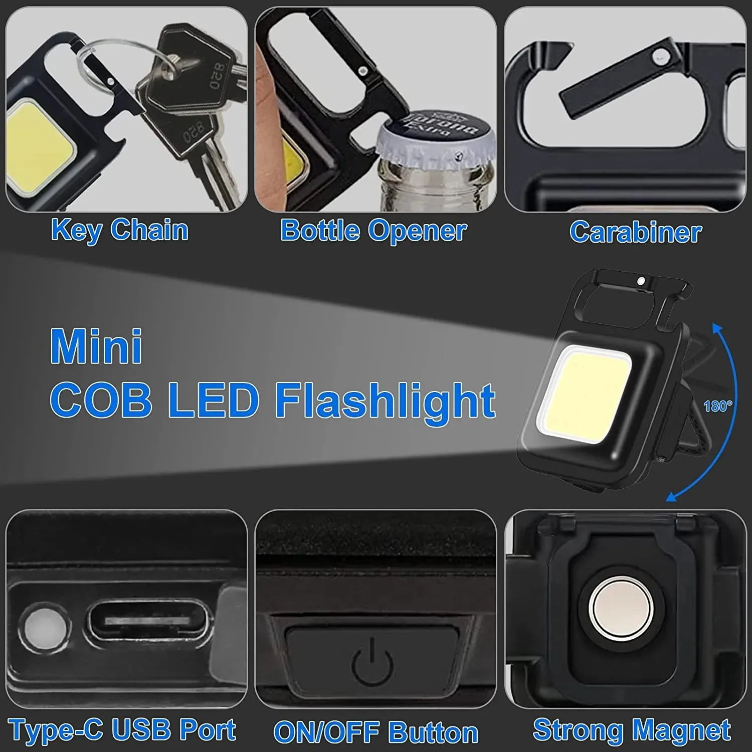 COB Keychain Flashlight 1000Lumens Bright Rechargeable Portable Pocket Flashlight 3 Light Modes Light with Folding Brack