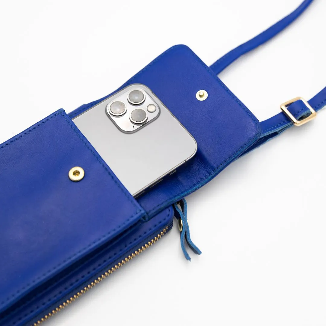 Cobalt Leather Phone Purse Bag (w Gold Fittings)