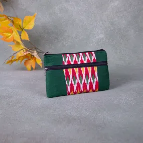 Cotton Multizip Purse Green with Red Ikat Prints.