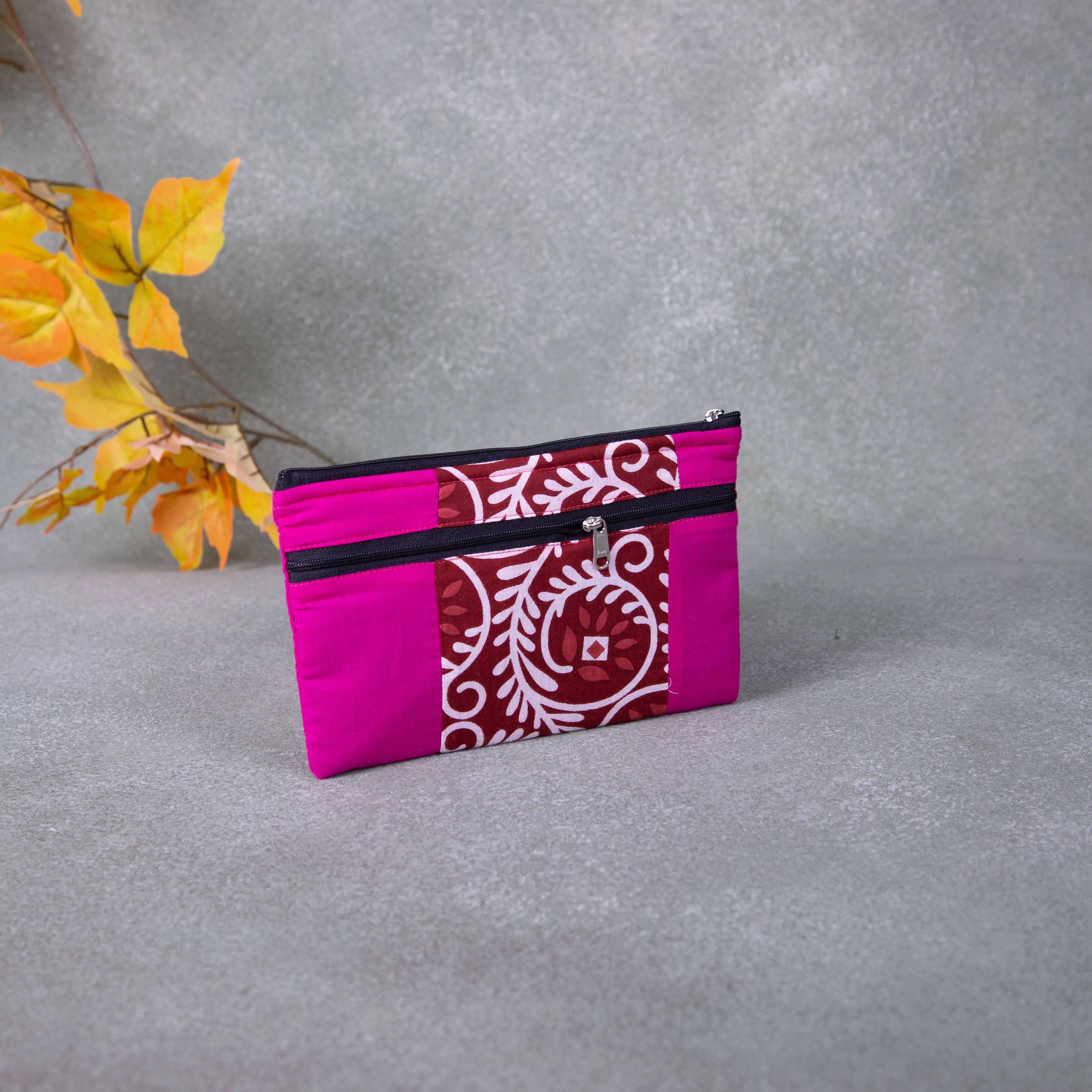 Cotton Multizip Purse Pink with Maroon Prints