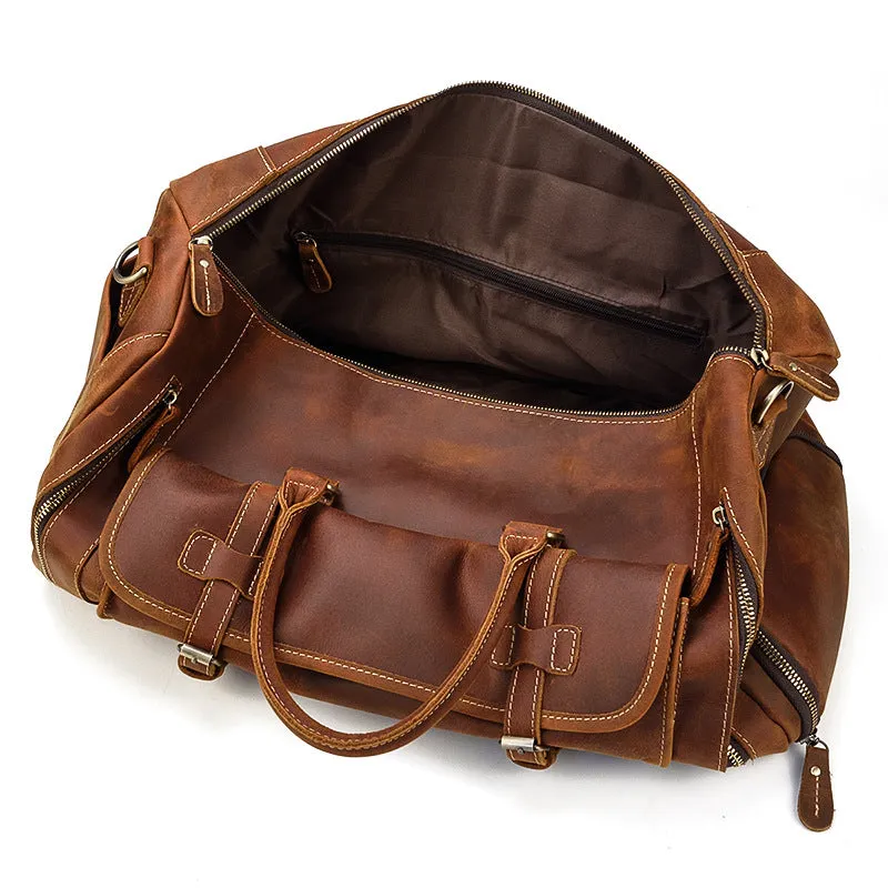 Crazy Horse Men's Vintage Distressed Leather Medium Barrel Duffel Bag